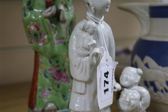 Two Chinese glazed biscuit porcelain figures or groups, late 18th / early 19th century, 17.5cm, both with slight losses